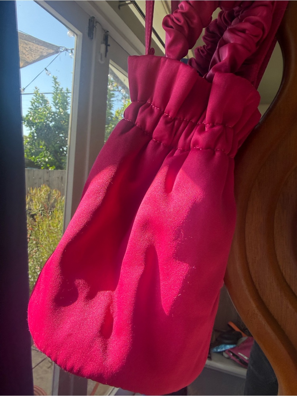 Ganni Hot Pink Satin Drawstring Pouch with Logo Accent